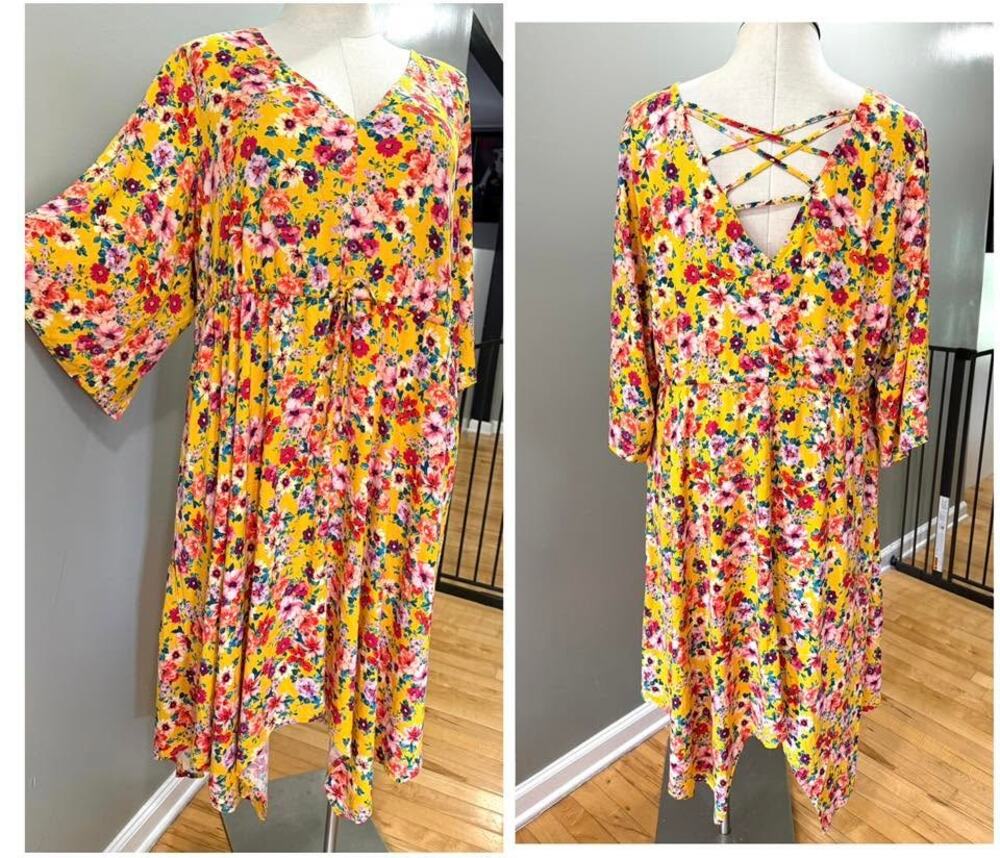 Torrid 4 (4X 26) Yellow Floral‎ Strappy Back Babydoll Stretch Challis Dress New